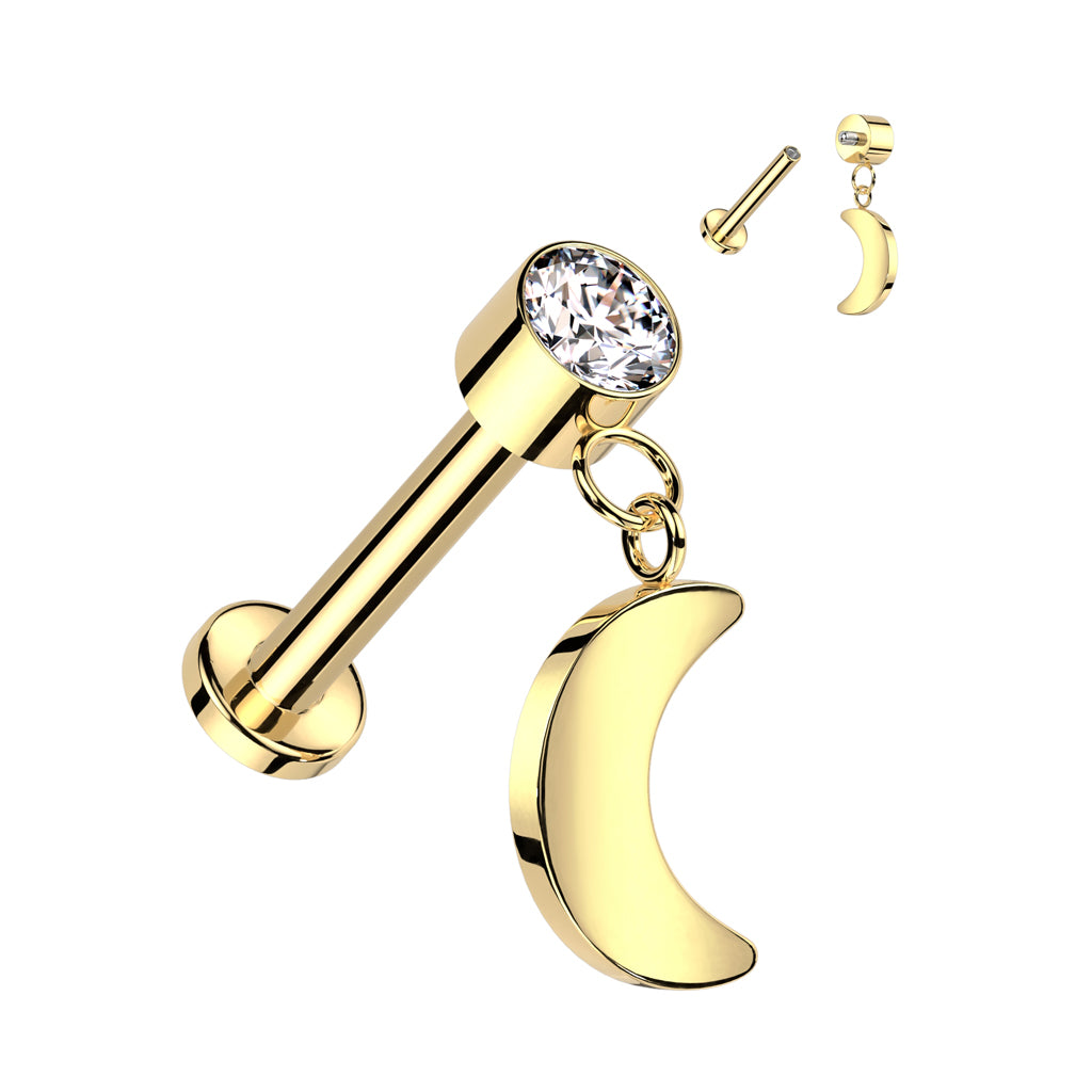 16G Titanium Internally Threaded Labret W/ Crescent Moon Dangle Top